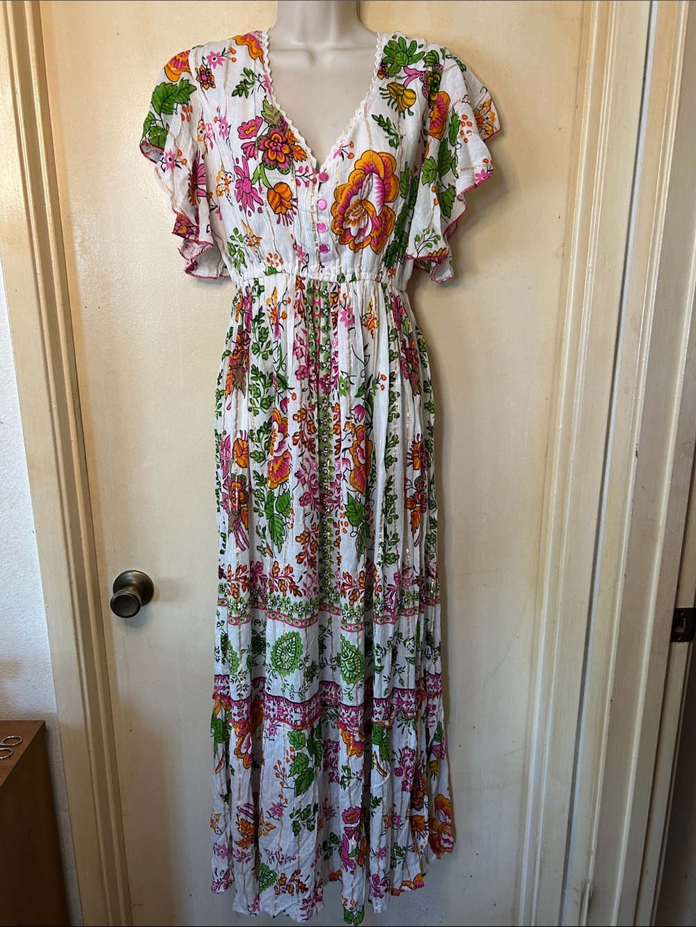 Me 2 Magic White Floral Maxi Dress with Pink & Green Accents size S